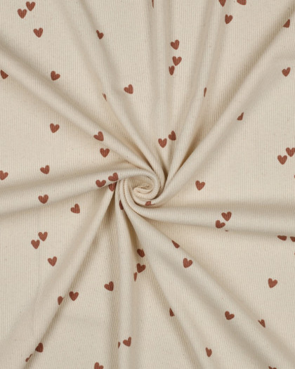 Jersey Côtelé Beige Naturel Petits Cœurs - Mercerine
