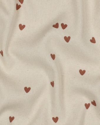 Jersey Côtelé Beige Naturel Petits Coeurs - Mercerine