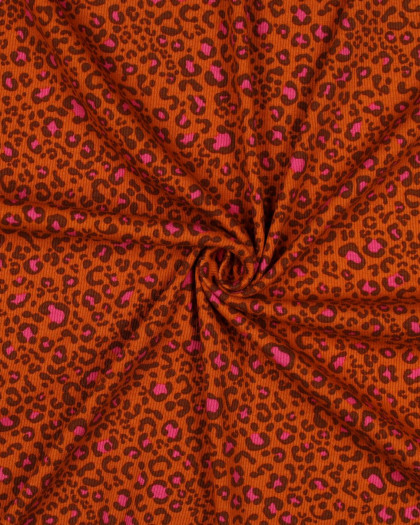 Jersey Côtelé Léopard Orange et Rose - Mercerine