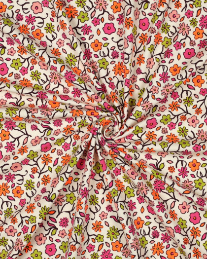 Tissu Jersey Ecru Motif Fleuri Rose et Orange Fluo - Mercerine
