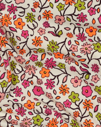 Tissu Jersey Ecru Motif Fleuri Rose et Orange Fluo - Mercerine