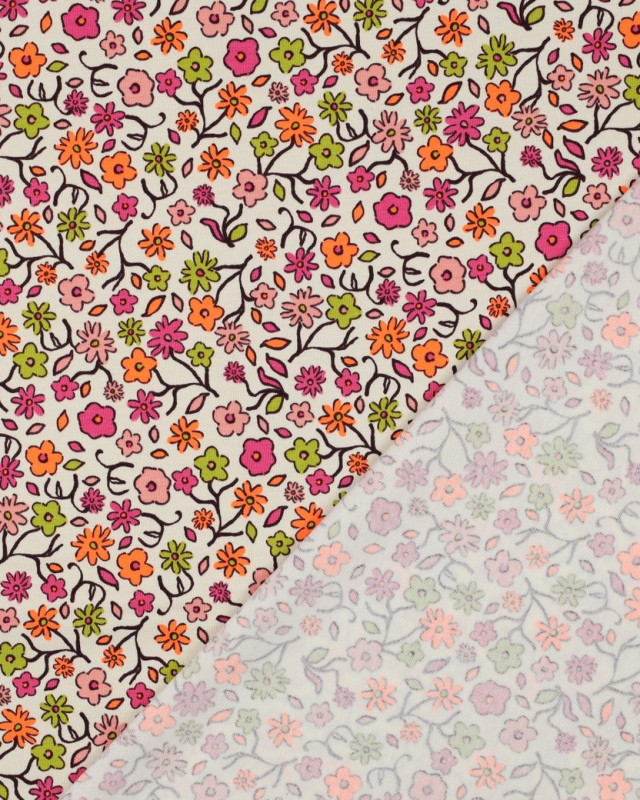 Tissu Jersey Ecru Motif Fleuri Rose et Orange Fluo - Mercerine
