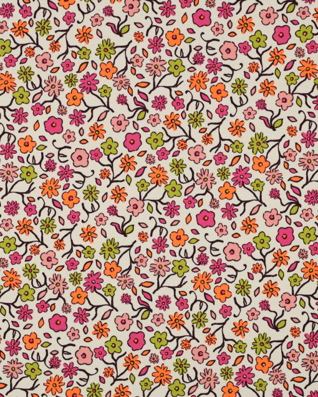 Tissu Jersey Ecru Motif Fleuri Rose et Orange Fluo - Mercerine