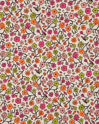 Tissu Jersey Ecru Motif Fleuri Rose et Orange Fluo - Mercerine
