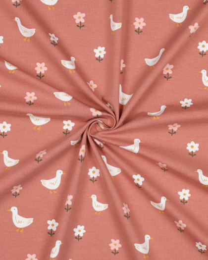 Tissu Jersey Vieux Rose Petite Oie et Fleurs - Mercerine