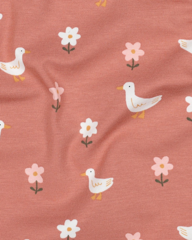 Tissu Jersey Vieux Rose Petite Oie et Fleurs - Mercerine
