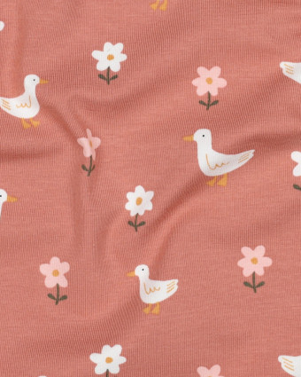 Tissu Jersey Vieux Rose Petite Oie et Fleurs - Mercerine