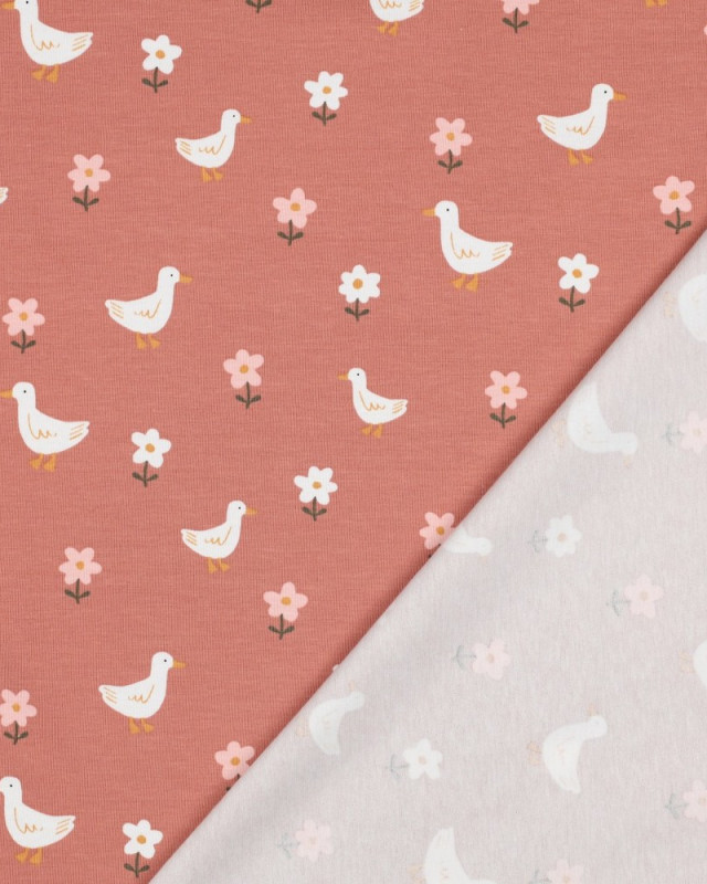 Tissu Jersey Vieux Rose Petite Oie et Fleurs - Mercerine
