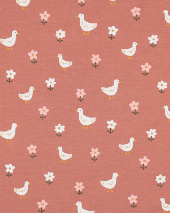 Tissu Jersey Vieux Rose Petite Oie et Fleurs - Mercerine