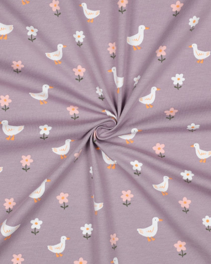 Tissu Jersey Mauve Petite Oie et Fleurs - Mercerine