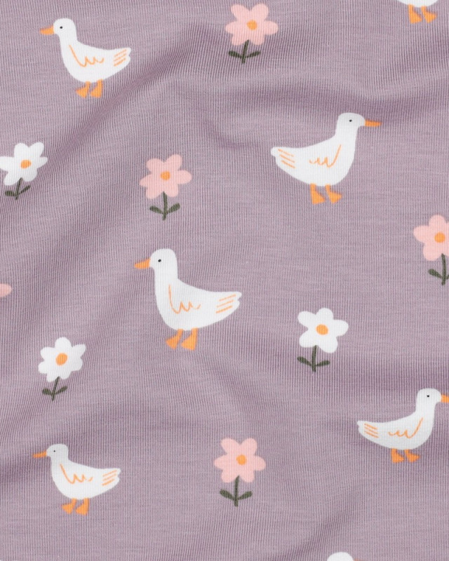 Tissu Jersey Mauve Petite Oie et Fleurs - Mercerine