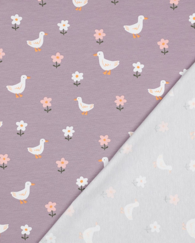 Tissu Jersey Mauve Petite Oie et Fleurs - Mercerine