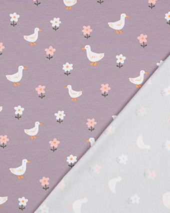 Tissu Jersey Mauve Petite Oie et Fleurs - Mercerine