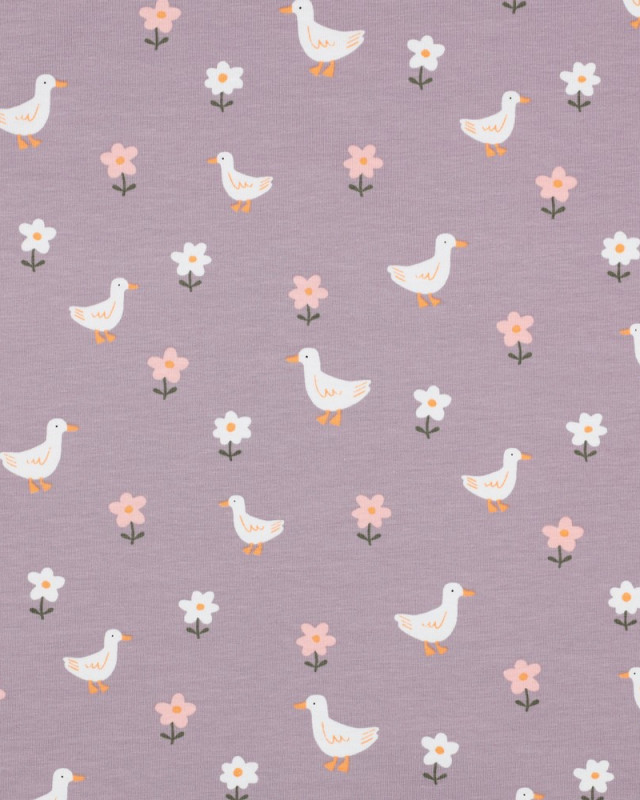 Tissu Jersey Mauve Petite Oie et Fleurs - Mercerine