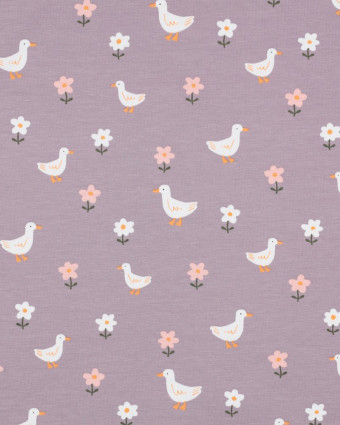 Tissu Jersey Mauve Petite Oie et Fleurs - Mercerine