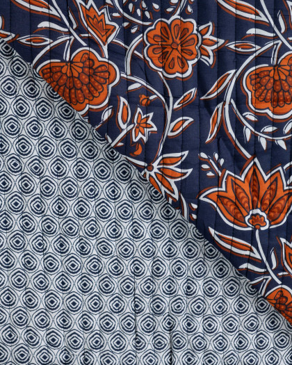 Tissu Matelassé Coton Indien Bleu Marine Motif Floral - Mercerine