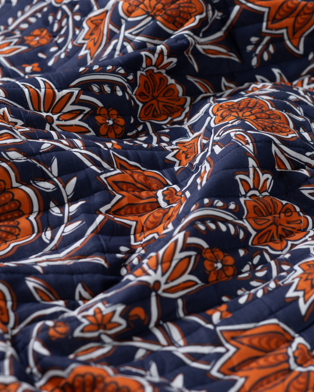 Tissu Matelassé Coton Indien Bleu Marine Motif Floral - Mercerine