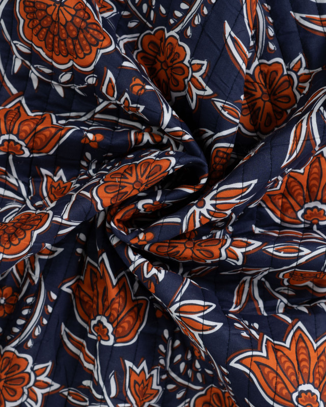 Tissu Matelassé Coton Indien Bleu Marine Motif Floral - Mercerine