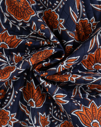 Tissu Matelassé Coton Indien Bleu Marine Motif Floral - Mercerine