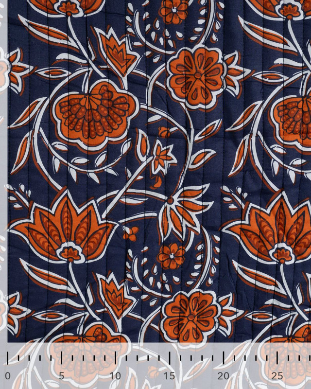 Tissu Matelassé Coton Indien Bleu Marine Motif Floral - Mercerine