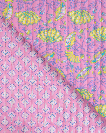 Tissu Matelassé Coton Indien Rose Bonbon Motif Floral Jaune - Mercerine