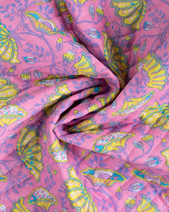 Tissu Matelassé Coton Indien Rose Bonbon Motif Floral Jaune - Mercerine