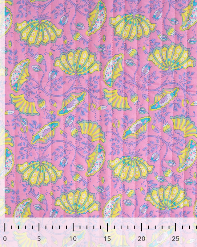 Tissu Matelassé Coton Indien Rose Bonbon Motif Floral Jaune - Mercerine