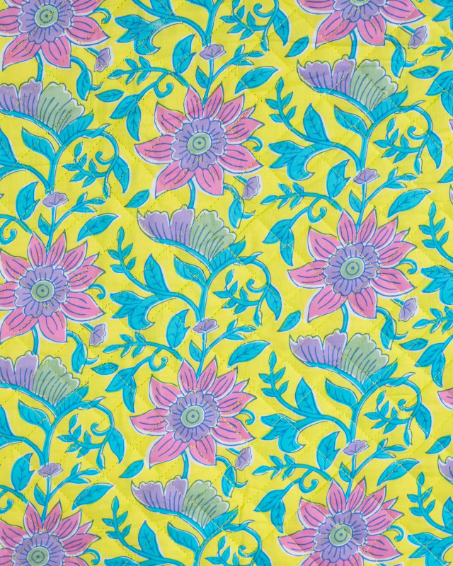 Tissu Matelassé Coton Indien Jaune Motif Fleuri Rose - Mercerine
