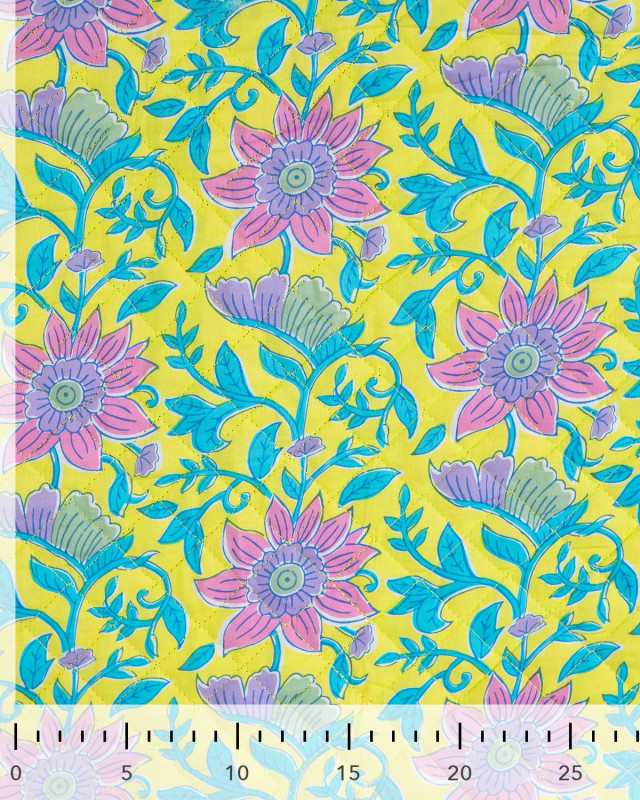 Tissu Matelassé Coton Indien Jaune Motif Fleuri Rose - Mercerine