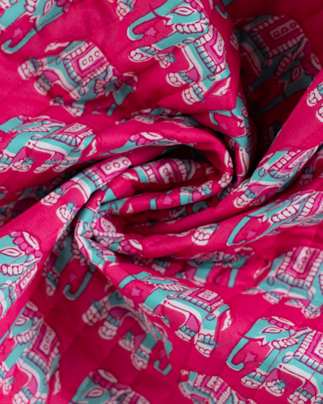 Tissu Matelassé Coton Indien Fuchsia Imprimé Elephant - Mercerine