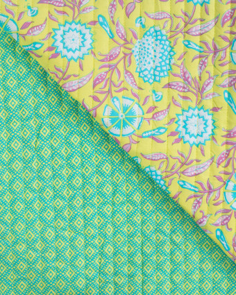 Tissu Matelassé Coton Indien Jaune Motif Fleuri Turquoise - Mercerine
