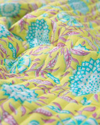 Tissu Matelassé Coton Indien Jaune Motif Fleuri Turquoise - Mercerine
