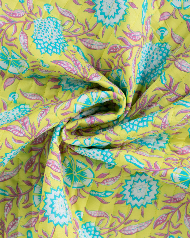 Tissu Matelassé Coton Indien Jaune Motif Fleuri Turquoise - Mercerine