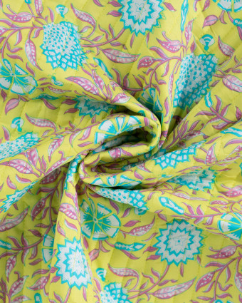 Tissu Matelassé Coton Indien Jaune Motif Fleuri Turquoise - Mercerine