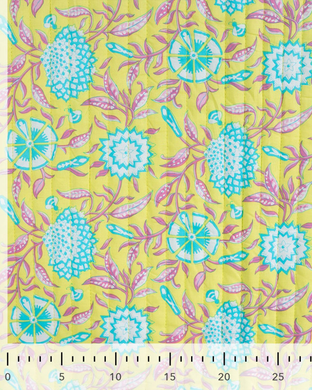 Tissu Matelassé Coton Indien Jaune Motif Fleuri Turquoise - Mercerine