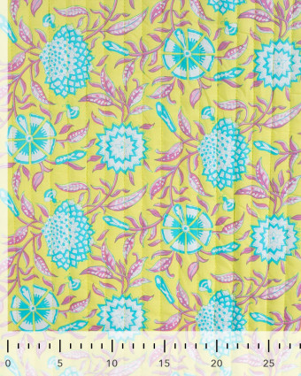 Tissu Matelassé Coton Indien Jaune Motif Fleuri Turquoise - Mercerine