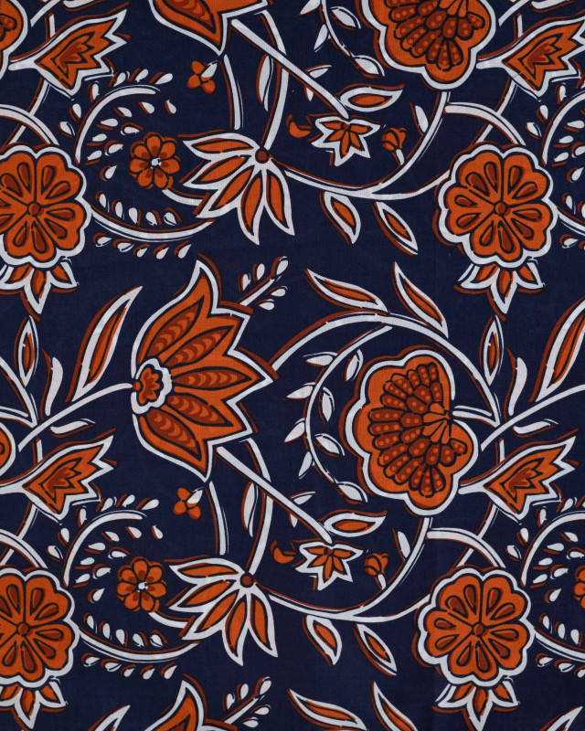 Tissu Coton Léger Indien Bleu Marine Motif Floral - Mercerine
