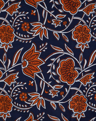 Tissu Coton Léger Indien Bleu Marine Motif Floral - Mercerine