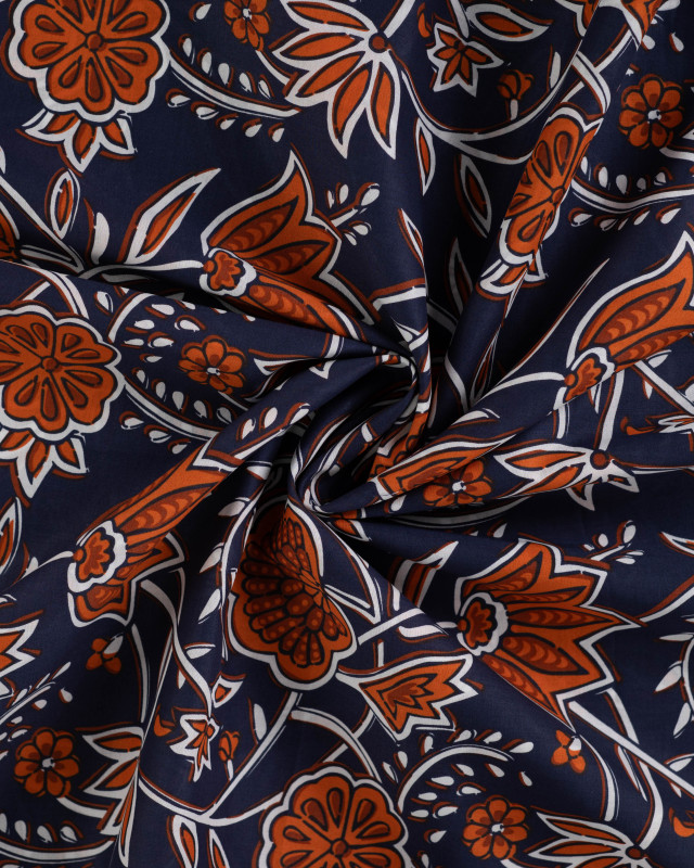 Tissu Coton Léger Indien Bleu Marine Motif Floral - Mercerine