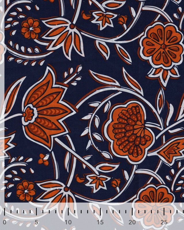 Tissu Coton Léger Indien Bleu Marine Motif Floral - Mercerine
