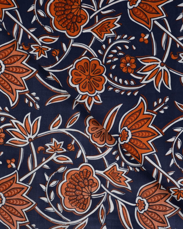Tissu Coton Léger Indien Bleu Marine Motif Floral - Mercerine
