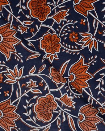Tissu Coton Léger Indien Bleu Marine Motif Floral - Mercerine