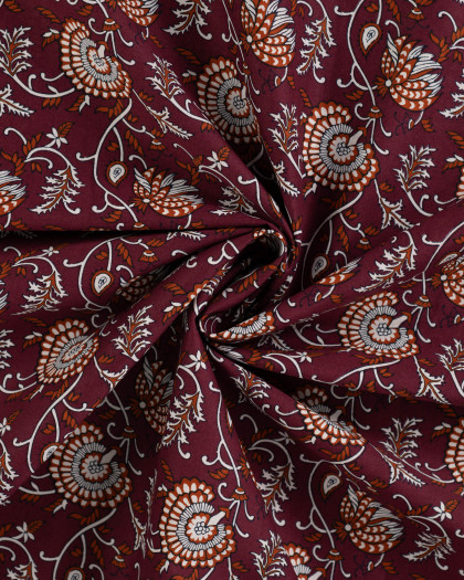 Tissu Coton Léger Indien Fleuri Prune et Caramel - Mercerine