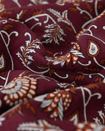 Tissu Coton Léger Indien Fleuri Prune et Caramel - Mercerine