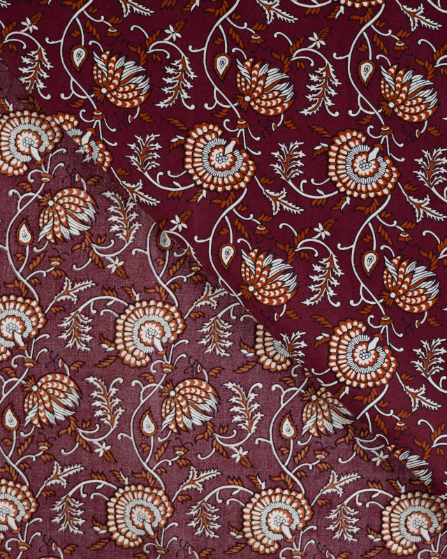 Tissu Coton Léger Indien Fleuri Prune et Caramel - Mercerine