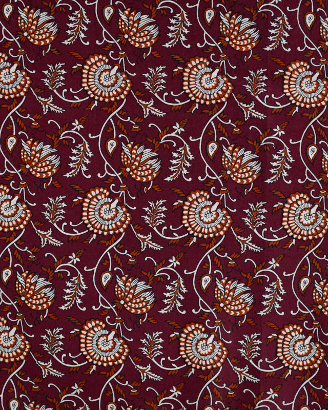 Tissu Coton Léger Indien Fleuri Prune et Caramel - Mercerine