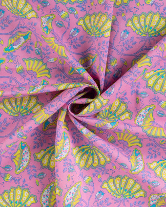 Tissu Coton Léger Indien Rose Bonbon Motif Floral Jaune - Mercerine