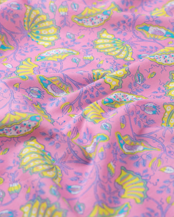 Tissu Coton Léger Indien Rose Bonbon Motif Floral Jaune - Mercerine