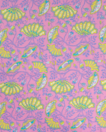 Tissu Coton Léger Indien Rose Bonbon Motif Floral Jaune - Mercerine