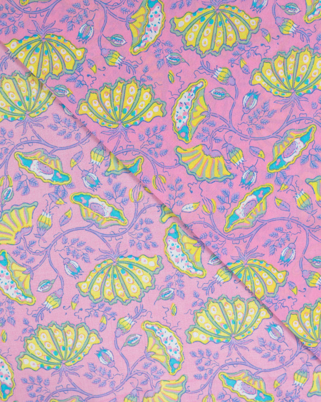 Tissu Coton Léger Indien Rose Bonbon Motif Floral Jaune - Mercerine